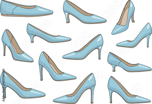 Light blue shoes, women’s footwear, fashion heels, stylish design, shoe collection, elegant style, digital illustration
