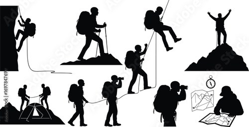 Silhouettes of Hiking, Climbing, Camping Adventure with Backpackers Exploring Mountains, Using Maps, Ropes, and Trekking Poles Outdoors Nature Activities