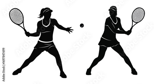 two tennis players in action silhouettes