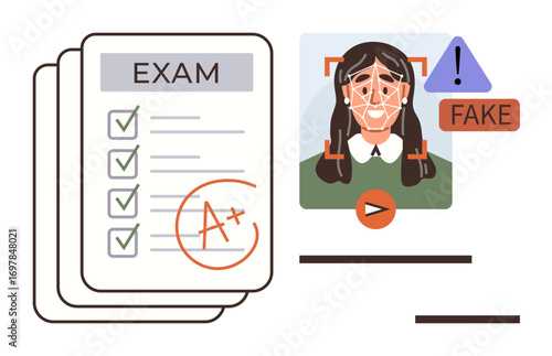 Exam paper with grades beside facial recognition system identifying fake profile. Ideal for education, exam security, AI ethics, fraud prevention, identity verification, data technology, simple flat