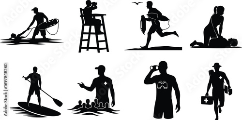 Silhouettes of Lifeguard Rescue, CPR Training, Water Safety, Paddleboarding, Lifeguard Chair, Rescue Swimming, First Aid, and Lifesaving Actions