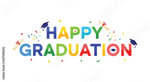 Festive happy graduation celebration with confetti, caps, and diplomas for educational milestones and achievements for academic successes