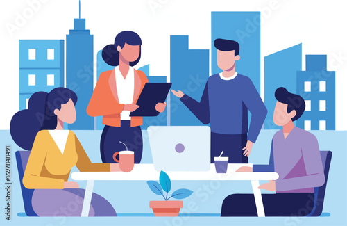 Diverse team collaborating in a modern office with city skyline background
