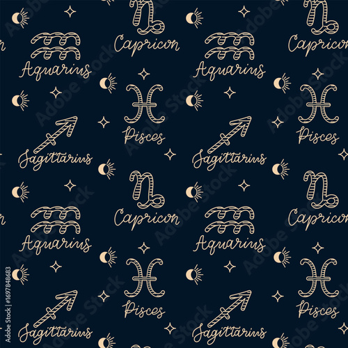 Seamless zodiac pattern with Sagittarius, Capricorn, Aquarius, and Pisces symbols on dark background. Concept of astrology, horoscope signs, and cosmic celestial design