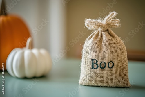 A light burlap bag with the word "Boo" printed in black, sits on a teal surface among autumnal pumpkins.