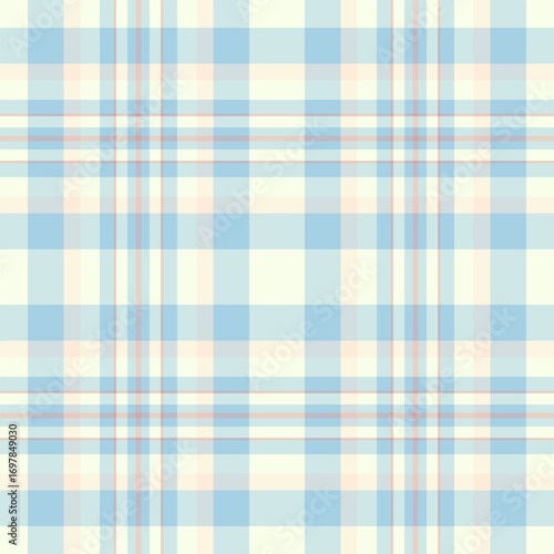 Classic plaid pattern with soft blue, beige, and peach hues. Versatile textile design for backgrounds, apparel, and decorative elements. Calming, stylish, and seamless.