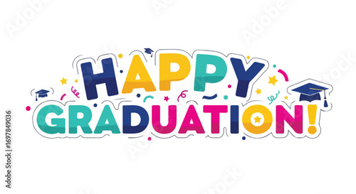 Festive graduation announcement design adorned with graduation caps, stars, and confetti illustrations conveys a celebratory academic achievement
