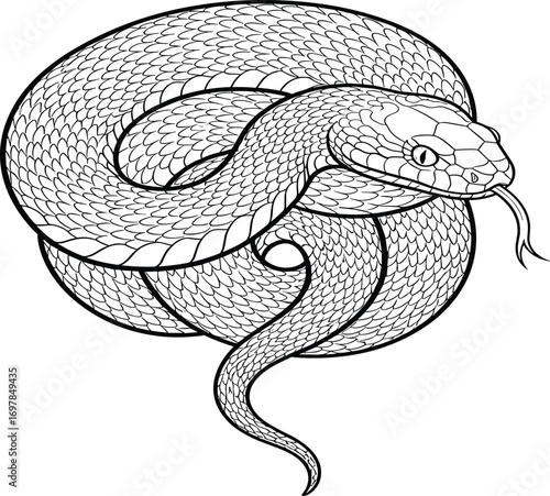 Snake, coiled, scales, black and white, illustration, reptile, detailed, texture, alert, anatomy, wildlife, nature, drawing, serpent, ink, realistic, curled, predator, biological, artistic