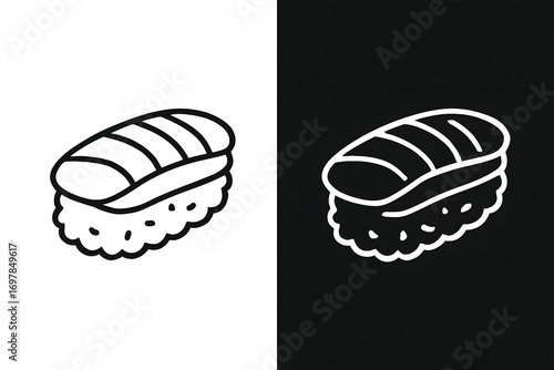 Minimalist nigiri sushi line art icon set. Black and white vector illustration of traditional Japanese seafood on rice, suitable for a clean restaurant menu or food logo design