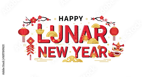 Festive Lunar New Year greeting with traditional symbols and joyful atmosphere celebrated worldwide