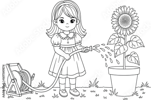 Child, watering, sunflower, garden, hose, nature, outdoor, plant, care, environment, growth, flower, dress, summer, nurturing, responsibility, greenery, childhood, eco-friendly, education