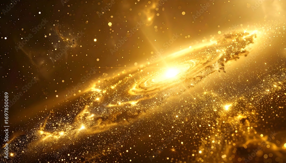 Naklejka premium A glowing golden spiral galaxy bursts with radiant energy, surrounded by shimmering dust and stardust in the infinite cosmos