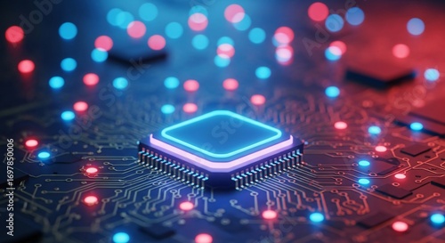 Advanced Microchip Powering Digital Future with Vibrant Circuit Board Lights