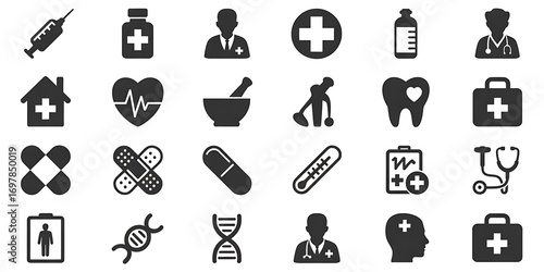 Healthcare Icon Set: Modern, Monochrome Medical Symbols for Website and App Design.