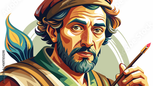Close-up portrait of male traditional painter holding a fine brush. Isolated white background emphasizes culture, color, and storytelling.