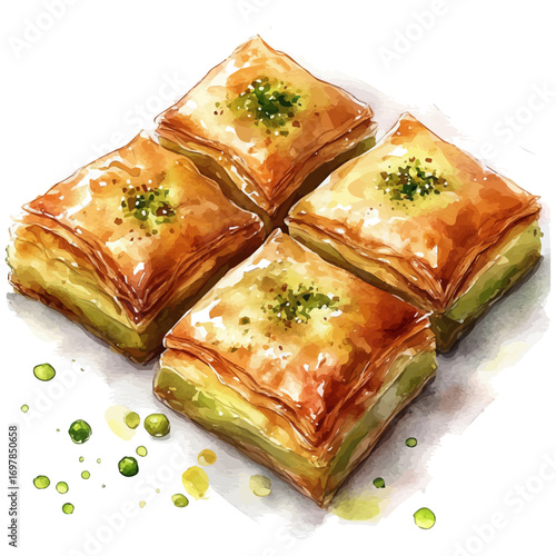 watercolor of Baklava, vector, isolated on a white background.