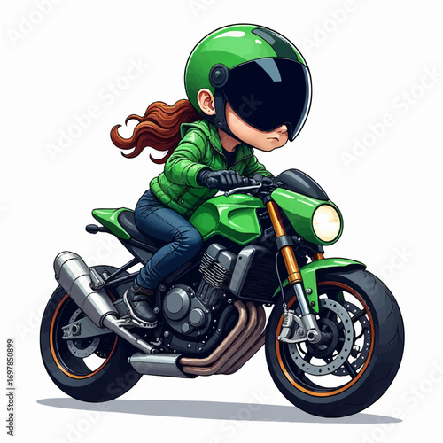 Dynamic young woman confidently rides a stylish green motorcycle, embracing the thrill of the open road adventure and freedom.