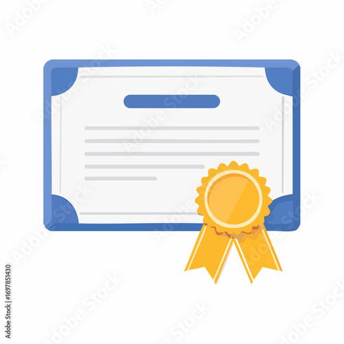 Modern Flat Vector Illustration of a Certificate or Diploma with a Golden Seal and Ribbon, Representing Academic Achievement, Recognition, and Successful Completion of Education or Training Program