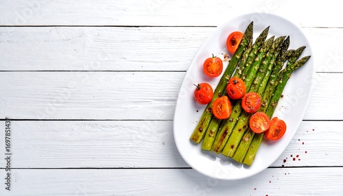 Roasted asparagus and cherry tomatoes on a white plate