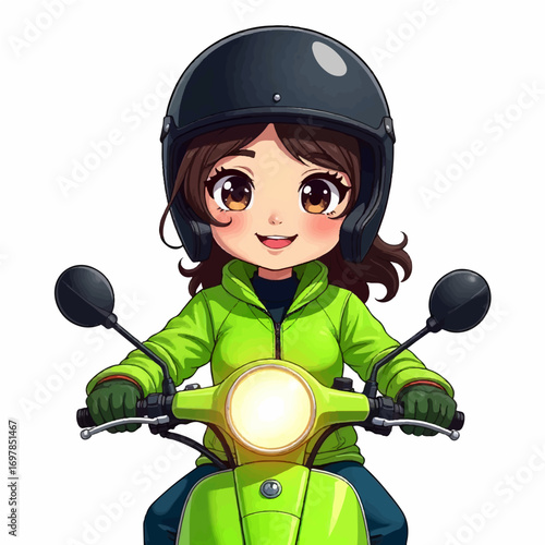 Joyful young woman with bright green jacket rides scooter wearing helmet, ready for adventure and urban travel