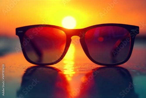 Silhouetted sunglasses reflect the vibrant hues of a sunrise, casting a warm glow Perfect for travel, summer, and lifestyle imagery , optimism, eyewear