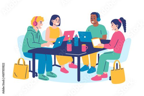 Diverse group of young students or colleagues working and collaborating together at a shared table, using laptops and tablets in a modern co-working space or library