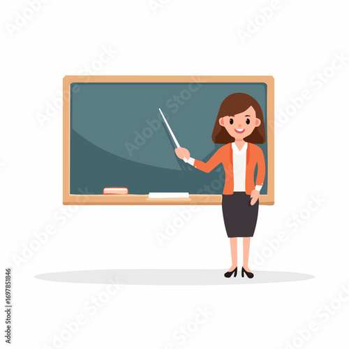A friendly female teacher with a pointer standing by a chalkboard. Flat vector illustration of a classroom lesson and the concept of education, isolated on white