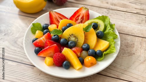 Foto de arriba de un plato del buen comer rebosando de frutas y verduras