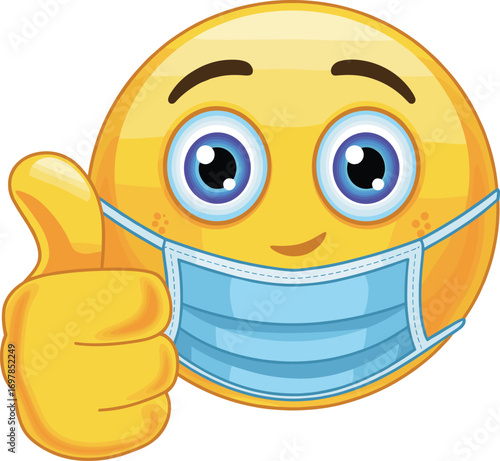 Smiling cartoon emoji character with medical mask and thumbs up gesture, promoting safety, health, hygiene, virus protection, covid awareness, vector