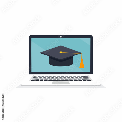 E-learning concept with a graduation mortarboard cap on a laptop screen, a modern symbol for online university courses and digital education