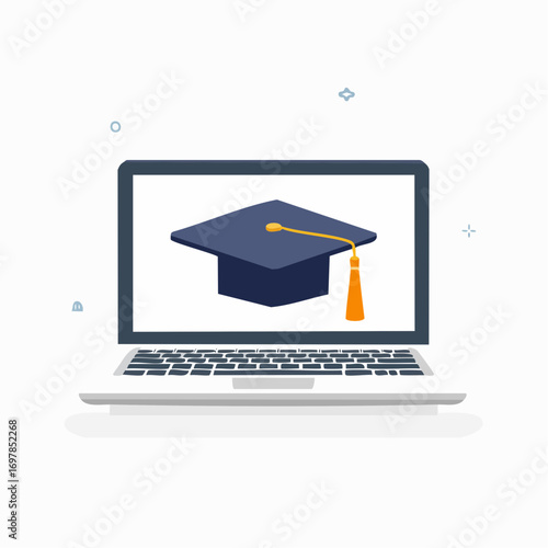 Modern flat icon of a laptop with a mortarboard hat on the display, symbolizing distance learning and virtual graduation