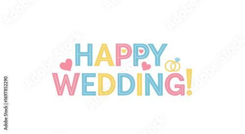 Colorful celebratory greeting design for weddings featuring hearts and a ring icon on white background