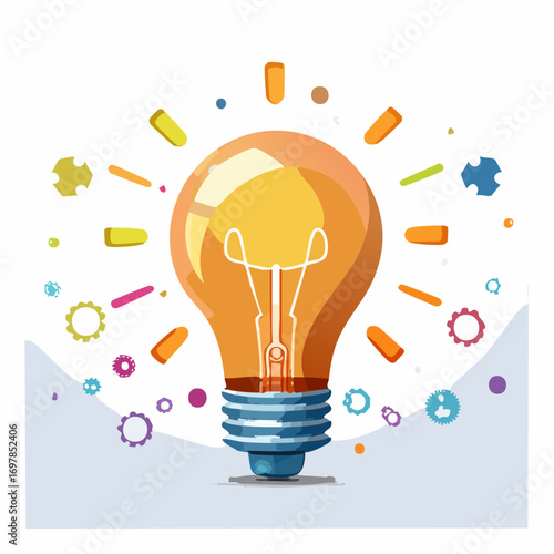 Minimal flat vector illustration of a glowing light bulb surrounded by colorful gears and abstract shapes, symbolizing creativity and innovation