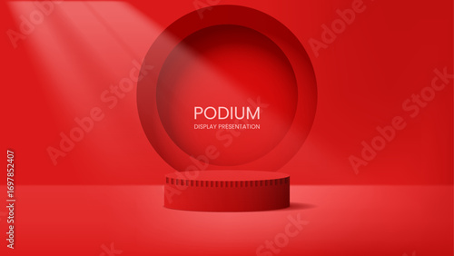 Red stage has a podium display presentation backdrop circle.