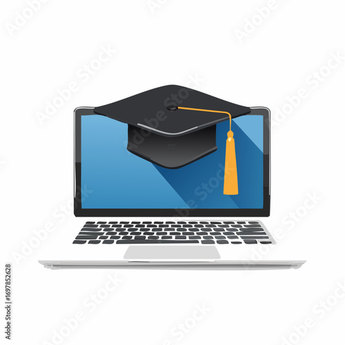 E-learning and online education concept with a laptop and graduation cap. Digital degree and virtual university studies icon on a white background