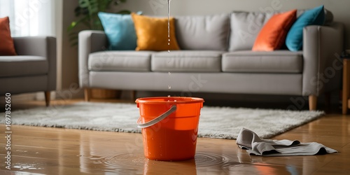 Water Damage in Modern Living Room: Orange Bucket Catches Leak on Hardwood Floor