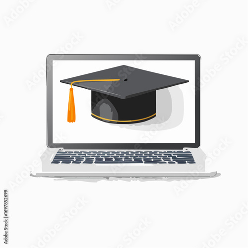 Illustration of a graduation cap on a laptop screen representing online learning and virtual university courses