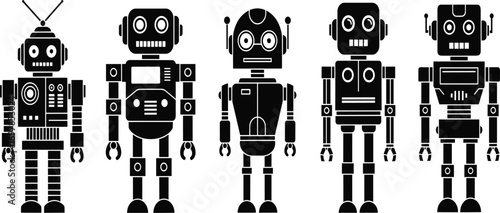 Robot icon set, retro mechanical vector, vintage automation design, black and white robotic character collection, cartoon robot illustration, AI elements