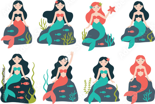 Mermaid, cartoon, underwater, fantasy, ocean, sea, illustration, colorful, whimsical, fish, coral, tail, hair, rock, magical