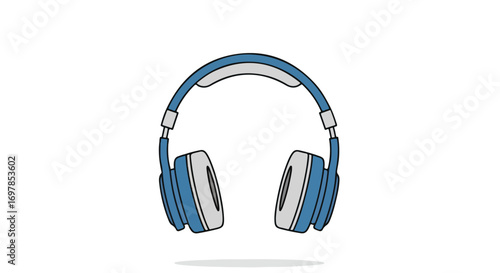 Stylized illustration showcasing modern blue and gray headphones on a clean white background