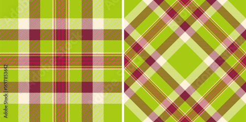 Two vibrant tartan patterns, one classic  one diagonal. Green, maroon,  cream create a bold, preppy style. Ideal for textiles, fashion, or festive designs.