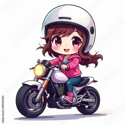 Joyful anime girl with brown hair rides a sleek white motorcycle, wearing a pink hoodie and helmet, capturing adventure and freedom
