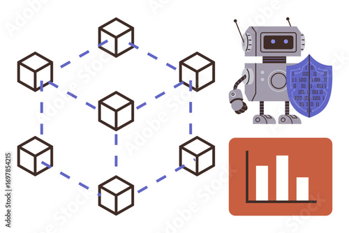 Blockchain grid connecting blocks, robot with shield symbolizing cybersecurity, and bar chart for data analytics. Ideal for blockchain, cybersecurity, AI, data analysis, innovation, technology