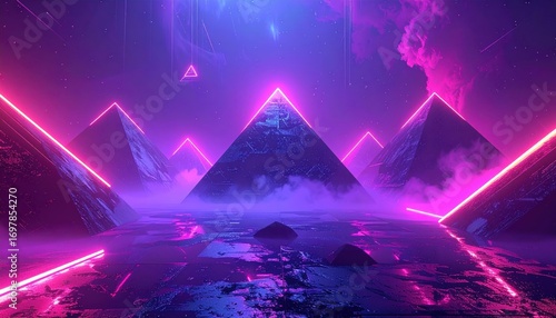 Neon-lit pyramids stand in a vibrant, futuristic landscape, bathed in a mesmerizing blend of purple and pink hues.
