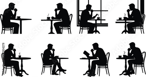Silhouettes of men sitting at tables drinking coffee, reading books, thinking, relaxing in café, leisure time, casual and thoughtful moments.
