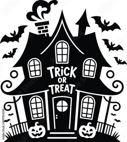 Spooky haunted house with bats, pumpkins, trick or treat