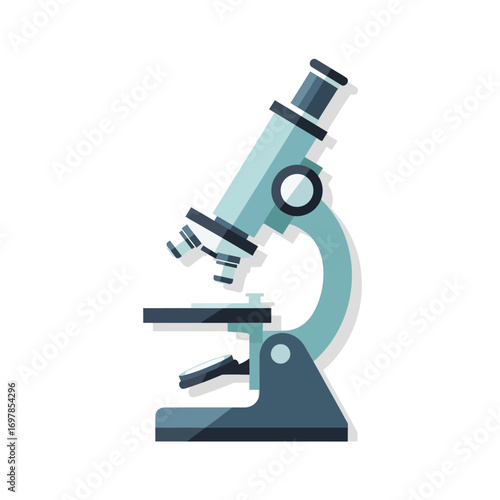 A modern flat design icon of a laboratory microscope, a symbol for scientific research, microbiology discovery, and educational exploration