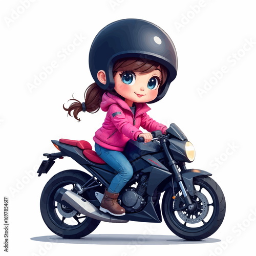 Adorable cartoon girl joyfully rides a sleek black motorcycle, embracing adventure and freedom on the open road