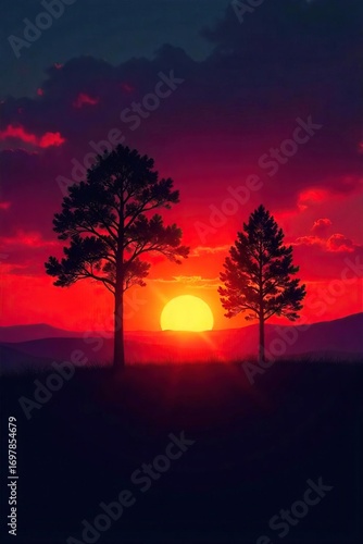 Silhouette of a lone stand of trees against a vibrant, fiery sunset  The sun dips below the horizon, casting long shadows and illuminating the sky with warm hues ,  breathtaking,  atmospheric