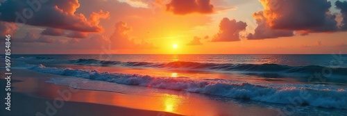 Golden hour sunlight paints the ocean with vibrant hues as the sun dramatically rises above the horizon, casting long shadows on the water  A breathtaking scene of calm serenity ,  reflection,  ocean